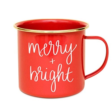 Sweet Water Decor Merry & Bright Christmas Coffee Mug | 18oz Galvanized Steel Festive Coffee Cup | S...