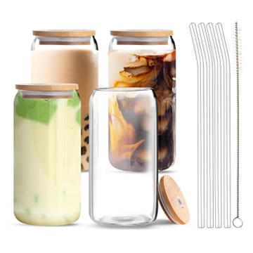 Vozoka Glass Cups with Bamboo Lids & Straws - 16oz Set