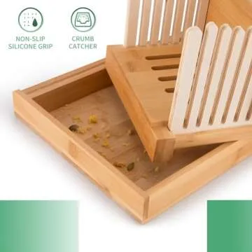 Bamboo Bread Slicer with Knife for Homemade Bread - Adjustable bread Slicing Guides, Foldable Compact Loaf Cutting Guide with Crumb Tray, Stainless Steel Bread Knife for Homemade Bread
