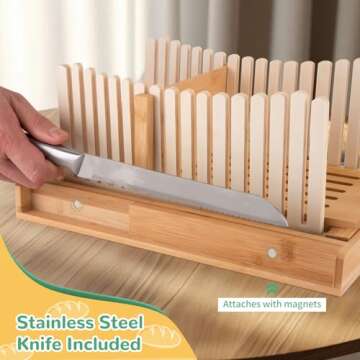 Bamboo Bread Slicer with Knife for Homemade Bread - Adjustable bread Slicing Guides, Foldable Compact Loaf Cutting Guide with Crumb Tray, Stainless Steel Bread Knife for Homemade Bread