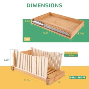 Bamboo Bread Slicer with Knife for Homemade Bread - Adjustable bread Slicing Guides, Foldable Compact Loaf Cutting Guide with Crumb Tray, Stainless Steel Bread Knife for Homemade Bread