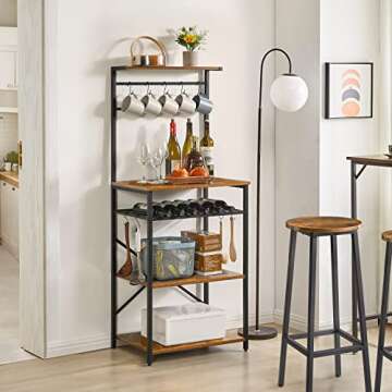 YMYNY Kitchen Baker's Rack, Microwave Oven Stand with Storage Shelves, Industrial Coffee Bar Station, with Adjustable Wine Holders and S-Hooks, Metal Frame, Rustic Brown, 56.3 * 15.7 * 23.2", UHBR001H