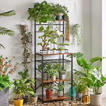 YMYNY Kitchen Baker's Rack, Microwave Oven Stand with Storage Shelves, Industrial Coffee Bar Station, with Adjustable Wine Holders and S-Hooks, Metal Frame, Rustic Brown, 56.3 * 15.7 * 23.2", UHBR001H