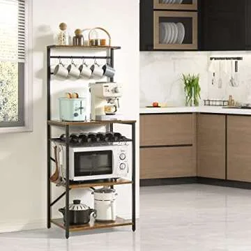 YMYNY Kitchen Baker's Rack, Microwave Oven Stand with Storage Shelves, Industrial Coffee Bar Station, with Adjustable Wine Holders and S-Hooks, Metal Frame, Rustic Brown, 56.3 * 15.7 * 23.2", UHBR001H