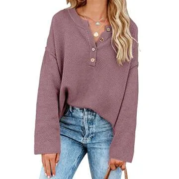 Saodimallsu Womens V Neck Oversized Sweaters Batwing Long Sleeve Button Henley Tops Pullover Loose Chunky Knitted Jumper Dark Purple
