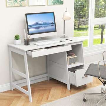 Tangkula White Desk with Drawers - Compact Writing & Study Desk