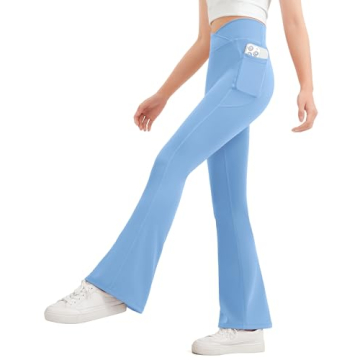 JOCMIC Girls Flare Leggings - Sky Blue Bell Bottoms for Dance & Yoga