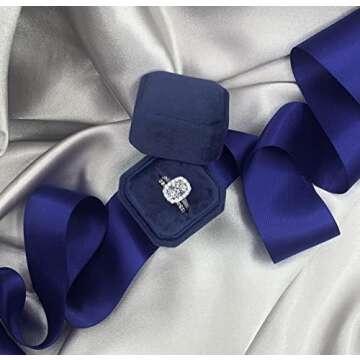 Velvet Ring Box - Vintage Ring Box for Wedding Ceremony Photos Engagement Ring Jewelry Box with Satin Styling Ribbon and Gorgeous Proposal Gift Box (Royal Blue Luxe)