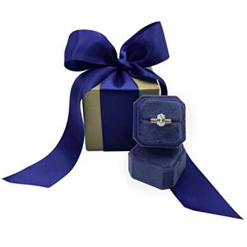 Velvet Ring Box - Vintage Ring Box for Wedding Ceremony Photos Engagement Ring Jewelry Box with Satin Styling Ribbon and Gorgeous Proposal Gift Box (Royal Blue Luxe)