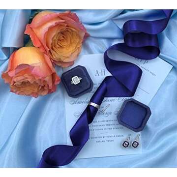 Velvet Ring Box - Vintage Ring Box for Wedding Ceremony Photos Engagement Ring Jewelry Box with Satin Styling Ribbon and Gorgeous Proposal Gift Box (Royal Blue Luxe)