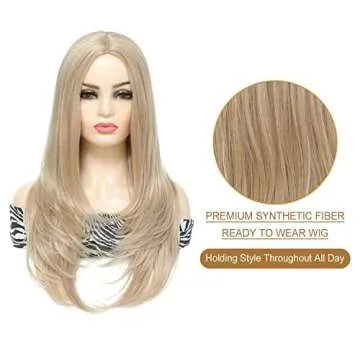 COSYMAY Blonde Wig for Women Long Synthetic Wig with Wavy Ends 22'' Natural Wave Cosplay Wig Glueless Heat Resistant Costume Wig Daily Wear Middle Part Full Wig