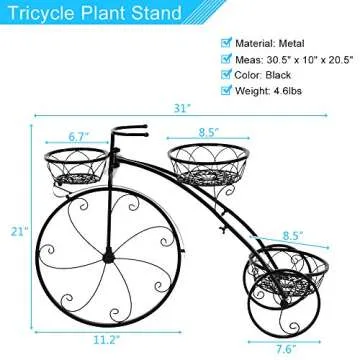 VINGLI Tricycle Plant Stand, Flower Pot Cart Holder Patio Stand Holder Outdoor Displaying Plants Flowers (Black)