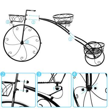 VINGLI Tricycle Plant Stand, Flower Pot Cart Holder Patio Stand Holder Outdoor Displaying Plants Flowers (Black)