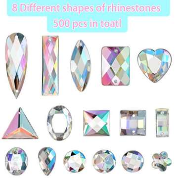 Chuangdi 500 Pcs Sewing on Rhinestones Mixed Shapes Acrylic Sew on Crystal Gems with 2 Holes for Jewelry Crafts Clothes Shoes Costume Sewing Beads Decorations(Crystal AB)