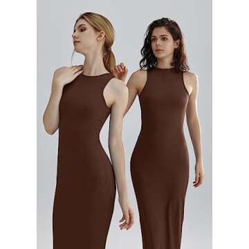 Relety Women's Bodycon Maxi Dresses Ribbed Lounge Tank Long Dresses Elegant Halter Neck Casual Sleeveless Summer Dresses Brown S