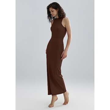 Relety Women's Bodycon Maxi Dresses Ribbed Lounge Tank Long Dresses Elegant Halter Neck Casual Sleeveless Summer Dresses Brown S