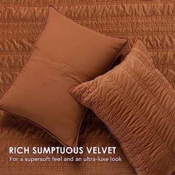 EVERGRACE Velvet Quilt King Size, Luxury Velvet Bedding Set, Ultra Soft Ruched Quilt Sets, Lightweight Velvet Comforter Set, Vintage Textured Velvet Bedspread Coverlet with 2 Shams, Burnt Orange