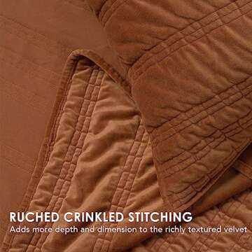 EVERGRACE Velvet Quilt King Size, Luxury Velvet Bedding Set, Ultra Soft Ruched Quilt Sets, Lightweight Velvet Comforter Set, Vintage Textured Velvet Bedspread Coverlet with 2 Shams, Burnt Orange