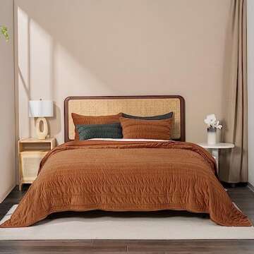 EVERGRACE Velvet Quilt King Size, Luxury Velvet Bedding Set, Ultra Soft Ruched Quilt Sets, Lightweight Velvet Comforter Set, Vintage Textured Velvet Bedspread Coverlet with 2 Shams, Burnt Orange