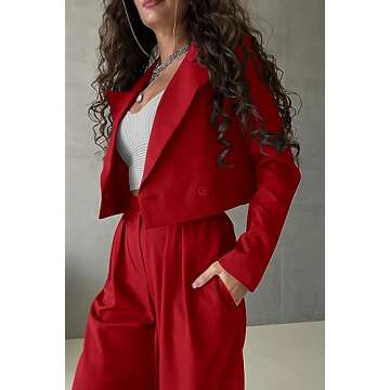 PRETTYGARDEN Women's Business Casual Outfits 2 Piece Long Sleeve Crop Blazer Jacket Wide Leg Pants Set (Red,Small)