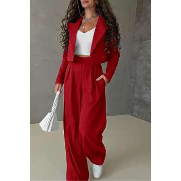 PRETTYGARDEN Women's Business Casual Outfits 2 Piece Long Sleeve Crop Blazer Jacket Wide Leg Pants Set (Red,Small)