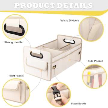 JiatuA Car Trunk Organizer, Car Organizers and Storage Collapsible Multi Compartment Container Box, Adjustable Car Accessories for SUV Sedan Truck, Standard Size, Beige
