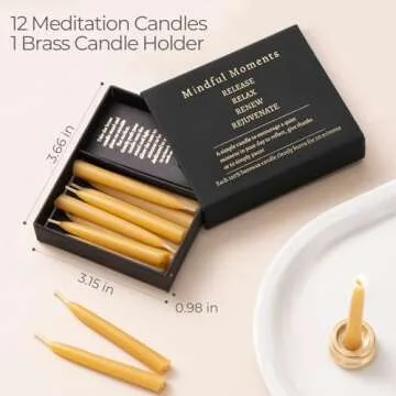 Mindful Meditation Candle Set with 12 Mini Taper Beeswax Candles with Brass Holder for Prayer & Refl...
