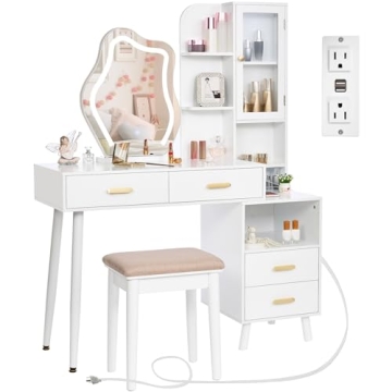 ANWBROAD White Vanity with Lighted Mirror Vanity Desk with Mirror and Lights Girls Vanity with Power...