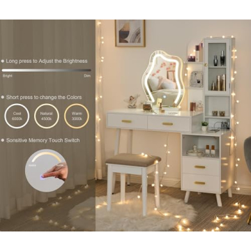 ANWBROAD White Vanity with Lighted Mirror Vanity Desk with Mirror and Lights Girls Vanity with Power Outlet Stool Drawers Shelves Charging Station 3 LED Lighting Modes Bedroom Makeup Table UBDT55W