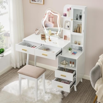 ANWBROAD White Vanity with Lighted Mirror Vanity Desk with Mirror and Lights Girls Vanity with Power Outlet Stool Drawers Shelves Charging Station 3 LED Lighting Modes Bedroom Makeup Table UBDT55W