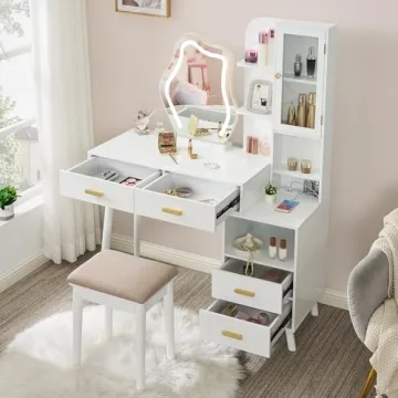 ANWBROAD White Vanity with Lighted Mirror Vanity Desk with Mirror and Lights Girls Vanity with Power Outlet Stool Drawers Shelves Charging Station 3 LED Lighting Modes Bedroom Makeup Table UBDT55W