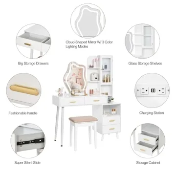 ANWBROAD White Vanity with Lighted Mirror Vanity Desk with Mirror and Lights Girls Vanity with Power Outlet Stool Drawers Shelves Charging Station 3 LED Lighting Modes Bedroom Makeup Table UBDT55W
