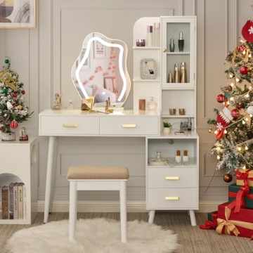 ANWBROAD White Vanity with Lighted Mirror Vanity Desk with Mirror and Lights Girls Vanity with Power Outlet Stool Drawers Shelves Charging Station 3 LED Lighting Modes Bedroom Makeup Table UBDT55W