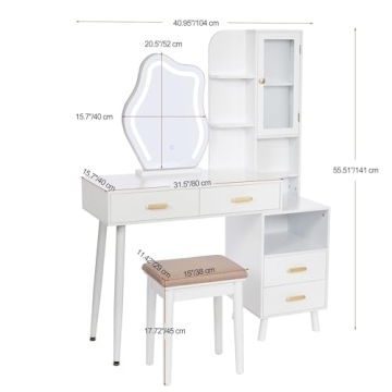 ANWBROAD White Vanity with Lighted Mirror Vanity Desk with Mirror and Lights Girls Vanity with Power Outlet Stool Drawers Shelves Charging Station 3 LED Lighting Modes Bedroom Makeup Table UBDT55W