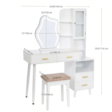ANWBROAD White Vanity with Lighted Mirror Vanity Desk with Mirror and Lights Girls Vanity with Power Outlet Stool Drawers Shelves Charging Station 3 LED Lighting Modes Bedroom Makeup Table UBDT55W