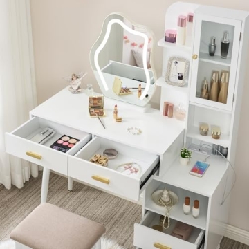 ANWBROAD White Vanity with Lighted Mirror Vanity Desk with Mirror and Lights Girls Vanity with Power Outlet Stool Drawers Shelves Charging Station 3 LED Lighting Modes Bedroom Makeup Table UBDT55W