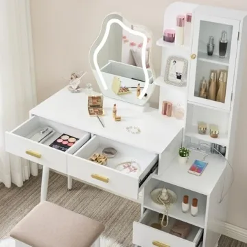 ANWBROAD White Vanity with Lighted Mirror Vanity Desk with Mirror and Lights Girls Vanity with Power Outlet Stool Drawers Shelves Charging Station 3 LED Lighting Modes Bedroom Makeup Table UBDT55W