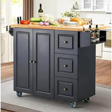 PHI VILLA Rolling Kitchen Island with Storage - Portable Kitchen Island with Drop Leaf, Black Kitche...
