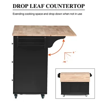 PHI VILLA Portable Kitchen Island with Drop Leaf and Storage