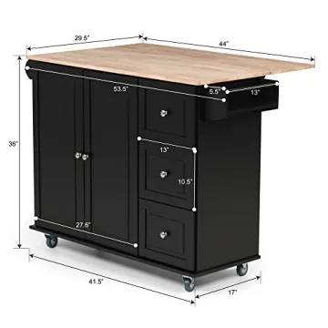 PHI VILLA Portable Kitchen Island with Drop Leaf and Storage