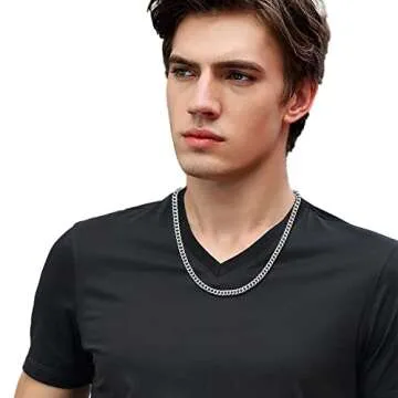 Fiusem Silver Tone Cuban Link Chain for Men, 5mm Mens Chain Necklaces, Stainless Steel Chain Necklaces for Men Women, 20 Inch