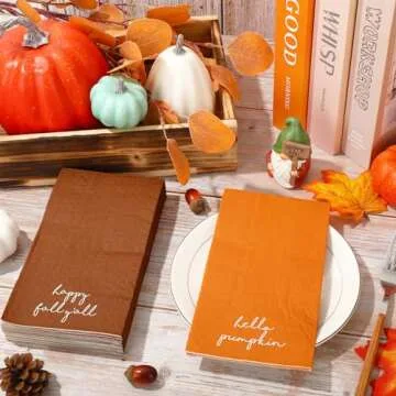 Whaline Happy Fall Guest Napkins Orange Brown Paper Napkins Autumn Disposable Guest Hand Napkin Towel for Thanksgiving Party Supplies Bathroom Table Decor,80Pcs
