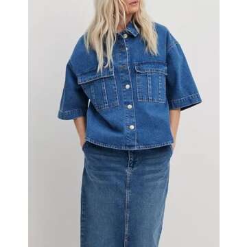 Kedera Womens Button Down Denim Shirts Casual Shirt Casual Collared Short Sleeve Western Pocket Classic Jean Shirt Dark Blue