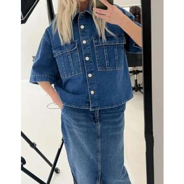 Kedera Womens Button Down Denim Shirts Casual Shirt Casual Collared Short Sleeve Western Pocket Classic Jean Shirt Dark Blue