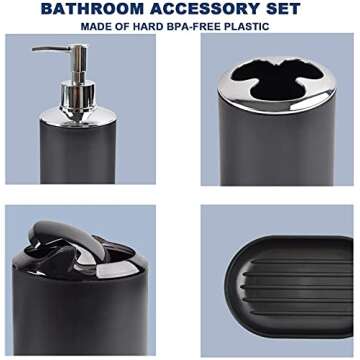 CERBIOR Bathroom Accessories Set 6 Piece Bath Ensemble Includes Soap Dispenser, Toothbrush Holder, Toothbrush Cup, Soap Dish for Decorative Countertop and Housewarming Gift, Black