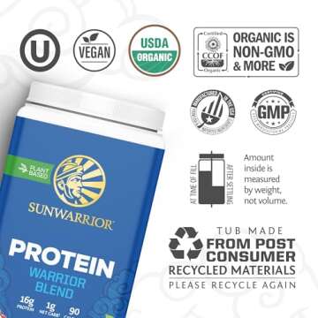 Sunwarrior Vegan Organic Protein Powder Plant-Based | BCAA Amino Acids Hemp Seed Soy Free Dairy Free...