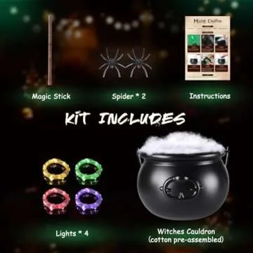 Halloween Decorations Indoor - Magic Auto Rotating Mixing Cauldron with 4 LED String Lights & Cotton, DIY Witches Cauldron Set -Halloween Decor for Home Kitchen Room Party Table