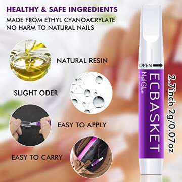Nail Glue for Acrylic Nails - Nail Glue for Press on Nails 10Pcs Adhesive Super Bond for Fake Nails Tips ECBASKET Professional Nail Glue for Artifical False Nails Long Lasting 0.07oz/pcs