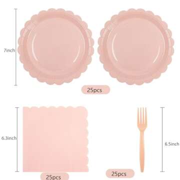 75Pcs Pink Paper Plates and Napkins,25 Guest Pink Scalloped Paper Tableware Forks Disposable Dinnerw...