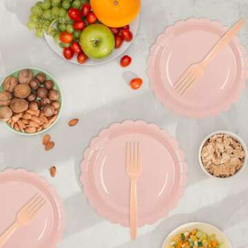75Pcs Pink Paper Plates and Napkins,25 Guest Pink Scalloped Paper Tableware Forks Disposable Dinnerwaret Kit for Baby Shower Bridal Wedding Birthday Party New Year Decorations